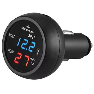 Szivargyujtós voltmérő USB porttal hőmérővel