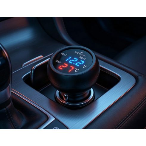 Szivargyujtós voltmérő USB porttal hőmérővel