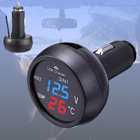 Szivargyujtós voltmérő USB porttal hőmérővel