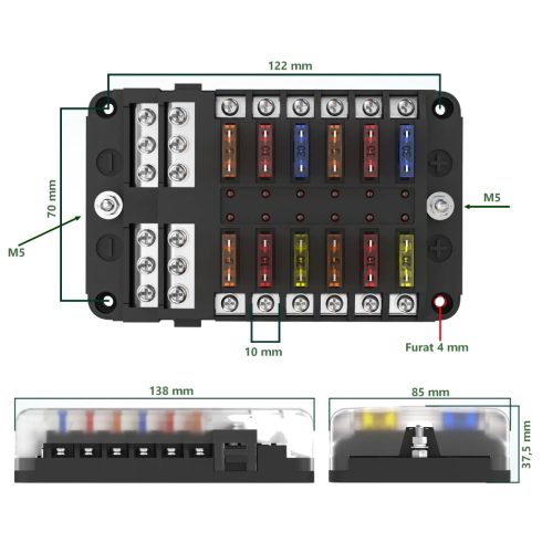 Biztosíték tartó 12-es LED visszajelzővel