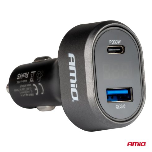 Szivargyujtós autós töltő LED voltmérővel – 48W QC 3.0 + PD 30W