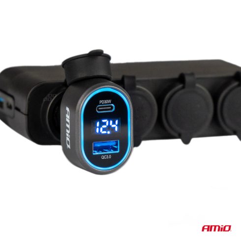 Szivargyujtós autós töltő LED voltmérővel – 48W QC 3.0 + PD 30W