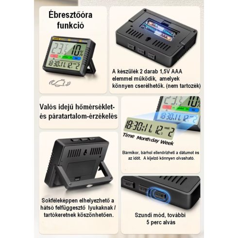 Digitális hőmérséklet- és páratartalom mérő óra