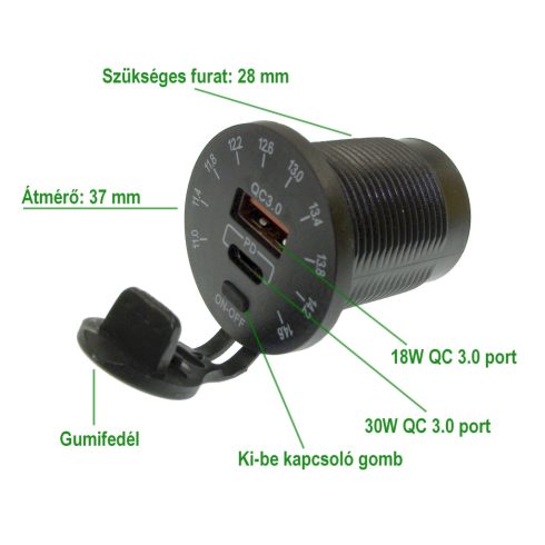 Beépíthető autós USB töltő voltmérővel