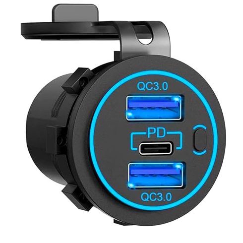 Autós USB töltő 2xQC3.0 + PD kék világítással