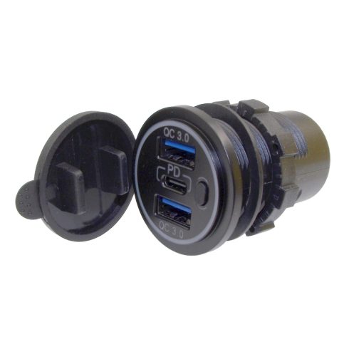 Autós USB töltő 2xQC3.0 + PD kék világítással