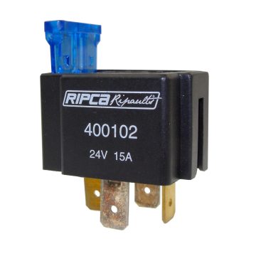 Relé 24V 15A 4 lábas cserélhető biztosítékkal