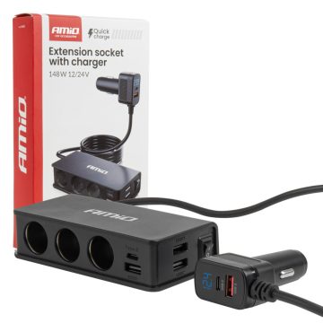   Szivargyújtó Elosztó és Gyorstöltő – USB-A + USB-C PD/QC 3.0, feszültségmérővel