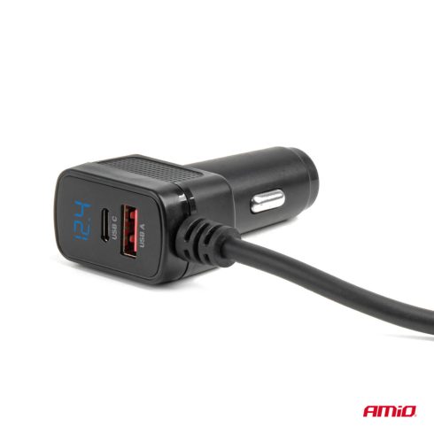 Szivargyújtó Elosztó és Gyorstöltő – USB-A + USB-C PD/QC 3.0, feszültségmérővel