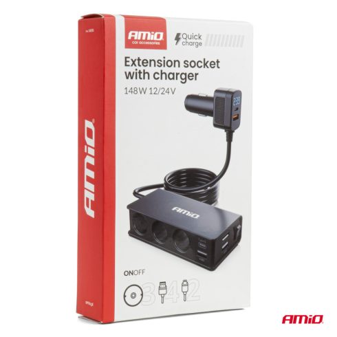 Szivargyújtó Elosztó és Gyorstöltő – USB-A + USB-C PD/QC 3.0, feszültségmérővel