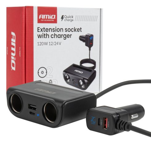 Szivargyujtó elosztó USB-C USB-A QC3.0 PD3.0 120W, voltmérővel