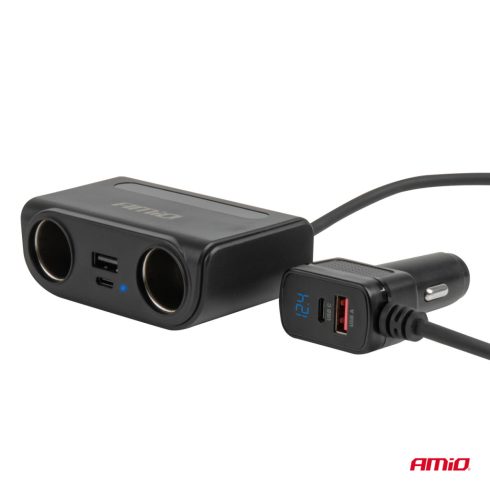 Szivargyujtó elosztó USB-C USB-A QC3.0 PD3.0 120W, voltmérővel