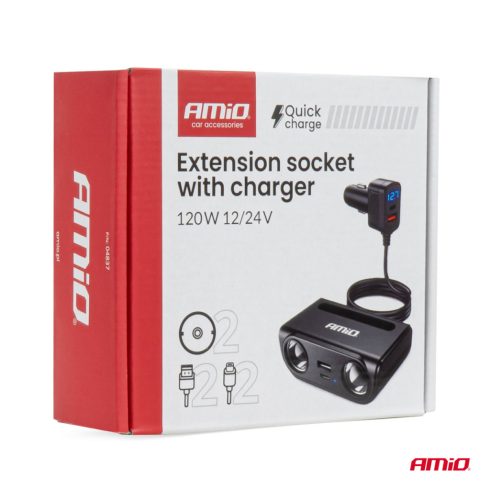 Szivargyujtó elosztó USB-C USB-A QC3.0 PD3.0 120W, voltmérővel